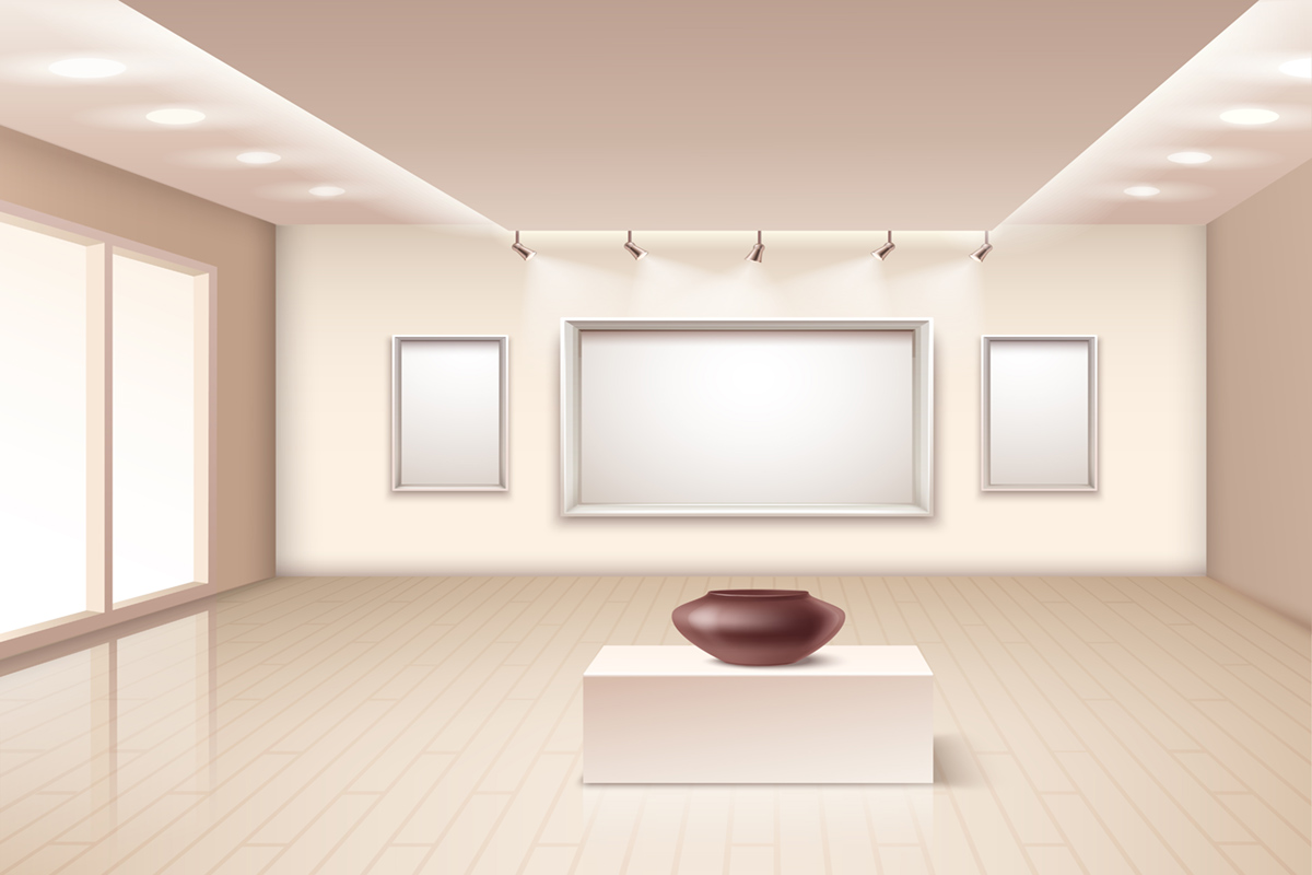 Exhibition Gallery Interior With Brown Vase