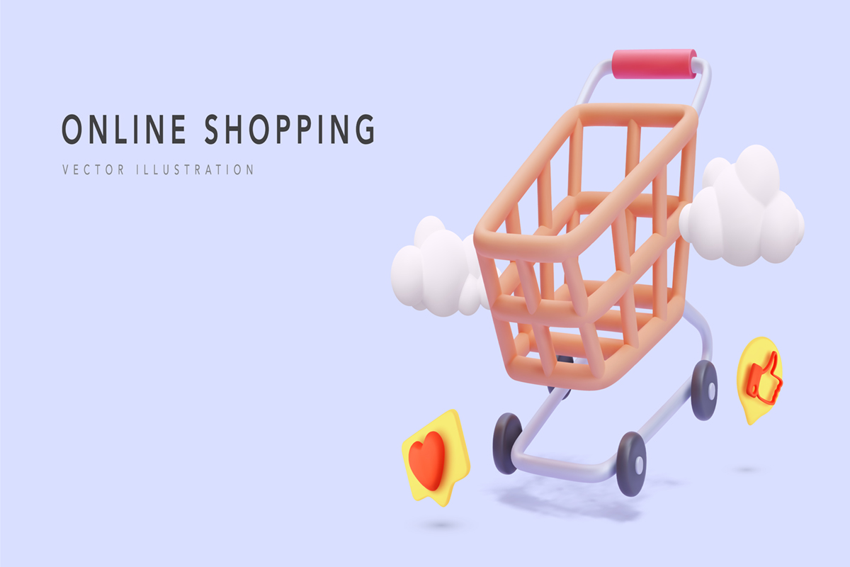 Online Shopping Banner With Shopping Cart, Clouds And Social Ico