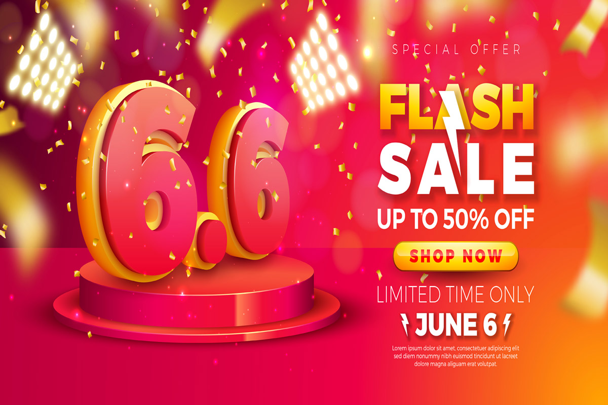 Shopping Day Flash Sale Design With 3d 6.6 Number On Podium And Falling Confetti On Red Background. Vector 6 June Special Offer Illustration For Coupon, Voucher, Banner, Flyer, Promotional Poster, Invitation Or Greeting Card.